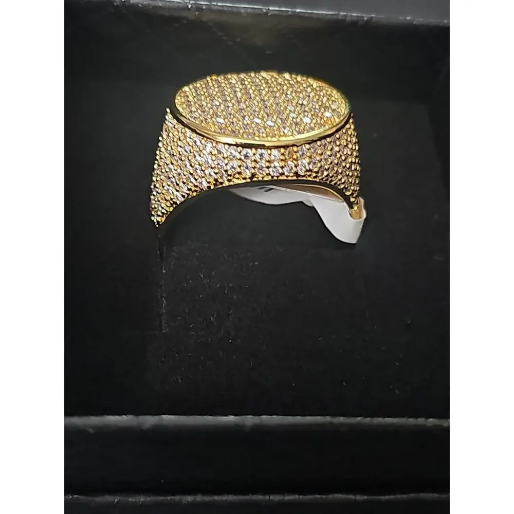 Size 12 Gold Men's Ring with Cubic Zirconia Pavé Hip Hop Style 24.1mm wide
